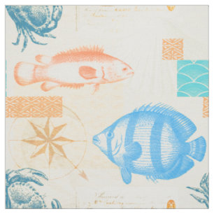 Tissu Le Coastal Beach House Poissons et crustacés Vint