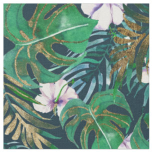 Tissu Le monstre lilas vert tropical d'or laisse floral