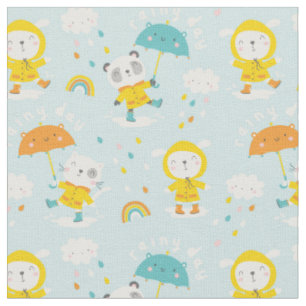 Tissu Les mignons animaux avec parapluie sous la pluie