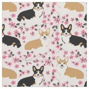 Tissu les trois corgi dogs cerise fleurs roses