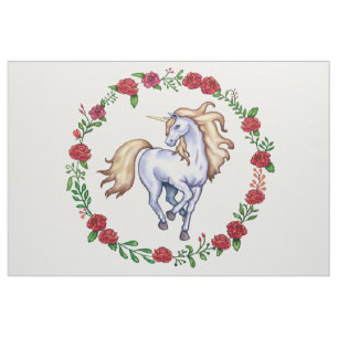 Tissu Licorne blonde espiègle en cercle des roses rouge