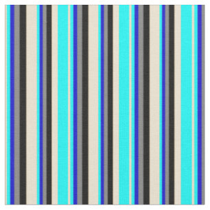 Tissu Lignes beige, aqua, bleu, gris et noir