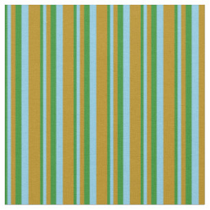 Tissu Lignes vert forêt, bleu ciel et or foncé