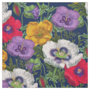 Tissu Lilac Rouge Blanc Jaune Poppies & Feuilles verts