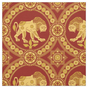 Tissu Lion de St Julian, or sur rouge foncé