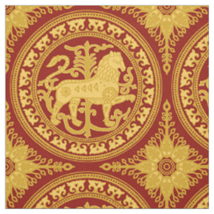 Tissu Lion Esztergom, jaune sur rouge foncé