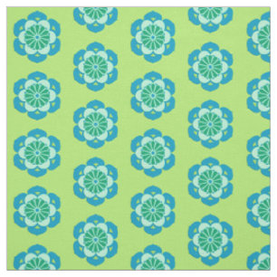 Tissu Lotus Flower Print, Lime Green et Light Blue