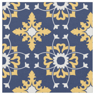 Tissu Magnifique Abstrait marocain en Bleu, Jaune et Whi