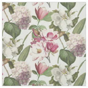 Tissu Magnolias et Hydrangées vintages en rose