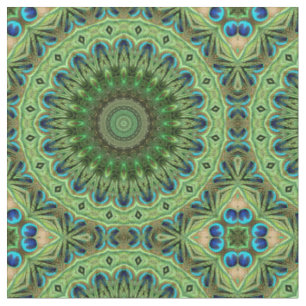 Tissu Mandala de plume de paon Symétrie émeraude et bleu