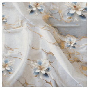 Tissu Marbre ivoire soie & Fleurs bleu clair doux
