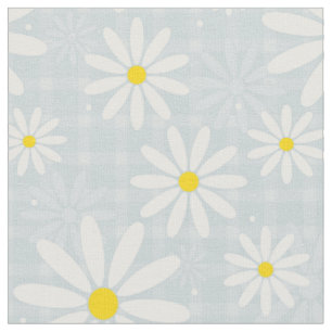 Tissu Marguerites sur en vichy plaid bleu pâle