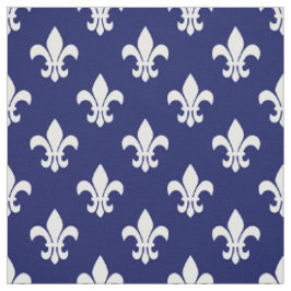 Tissu Marine Bleu, Blanc Fleur De Lis Motif