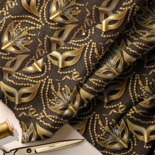 Tissu Mascarade perles Motifs Masques Black Gold ID1031