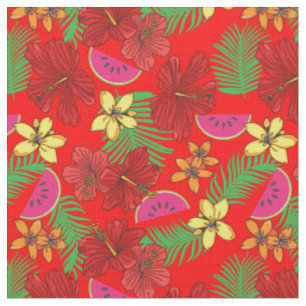 Tissu Melons tropicaux et palmiers Feuille Rouge Floral