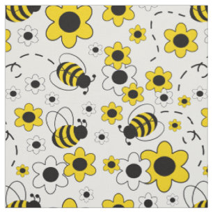 Tissu Miel Bumble Bee Bumblebee Blanc Jaune Floral