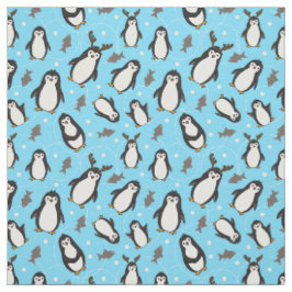 Tissu Mignons manchots de Noël motif bleu pâle