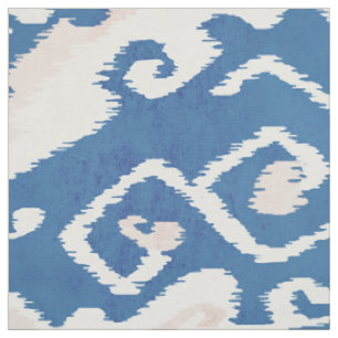 Tissu Mignons motifs tribaux Ikat blancs et bleus turquo