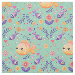 Tissu Mint Kawaii Goldfish Sea Garden Motif