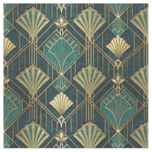 Tissu Motif Abstrait Géométrique Art Déco Sarcelle et Or