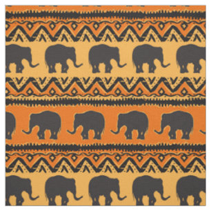 Tissu Motif africain des éléphants noirs oranges