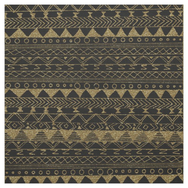 Tissu Motif aztèque d'or de parties scintillantes noires (Échantillon)