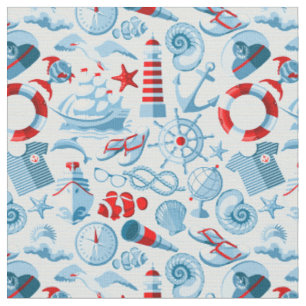 Tissu Motif blanc et bleu rouge nautique