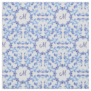 Tissu motif bleu damas. monogramme.