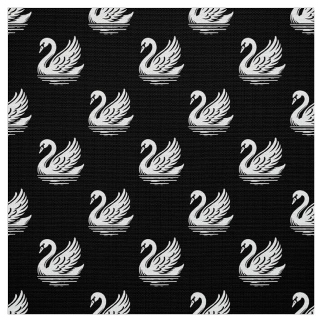 Tissu Motif cygne - Blanc sur noir (Échantillon)