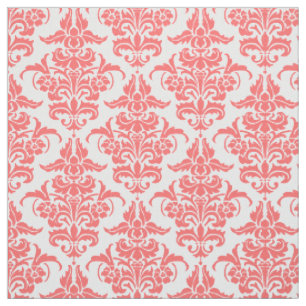 Tissu Motif Damas - rose tropicale sur blanc
