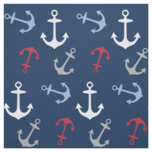 Tissu Motif d'ancres nautiques   Rouge Blanc Bleu marine