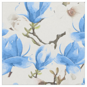Tissu Motif d'aquarelle bleu et blanc Magnolia Blossom
