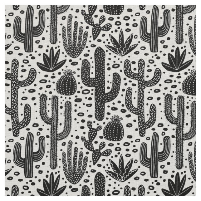 Tissu Motif de cactus - noir et blanc (Échantillon)