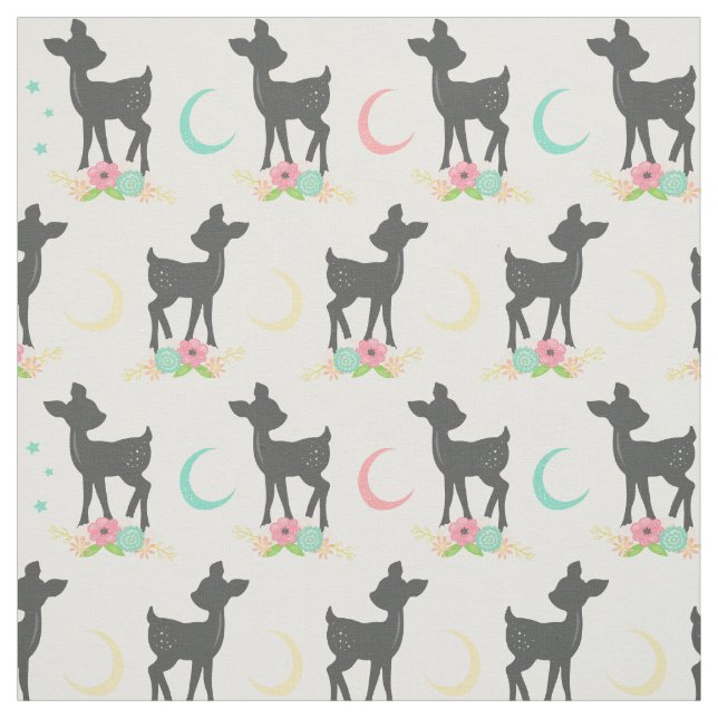 Tissu Motif de cerfs, Cerf de bébé, Boho, Fleurs, Lune (Échantillon)
