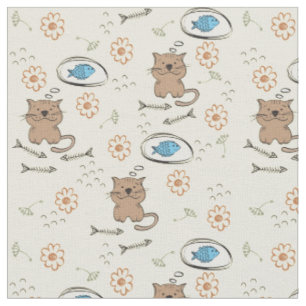 Tissu motif de chat et de poissons