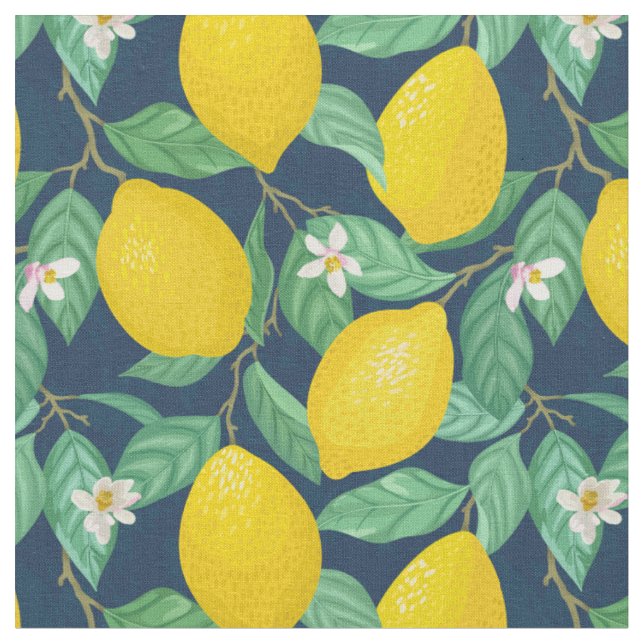 Tissu Motif de citron bleu de la marine jaune (Fermer)