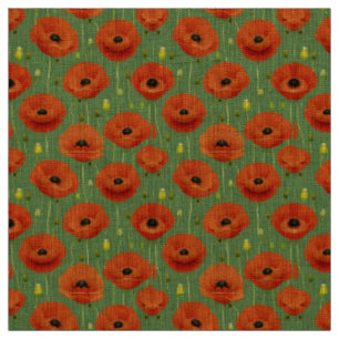 Tissu Motif de coquelicots rouges vifs sur un fond vert