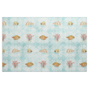 Tissu Motif de corail de coquillage d'aquarelle de
