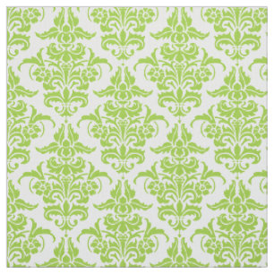 Tissu Motif de Damas - Vert Martien sur Blanc