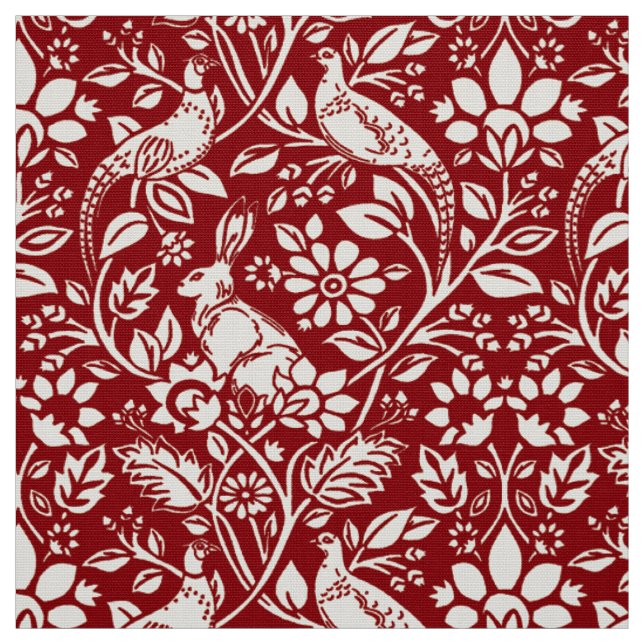 Tissu Motif de faisan et lièvre, rouge profond et crème (Échantillon)