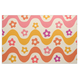 Tissu Motif de fleurs groovy mignon sur des vagues rétro