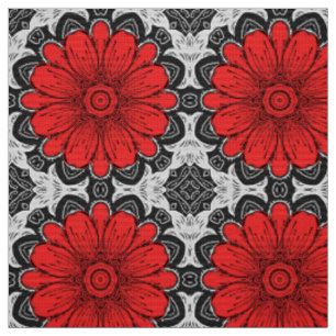 Tissu Motif de marguerite géométrique en rouge noir et b
