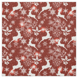 Tissu Motif de Noël rouge et blanc avec rennes, sno