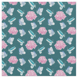 Tissu Motif De Papillons Et De Fleur Rose