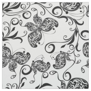 Tissu Motif de papillons et fleurs noirs et blancs
