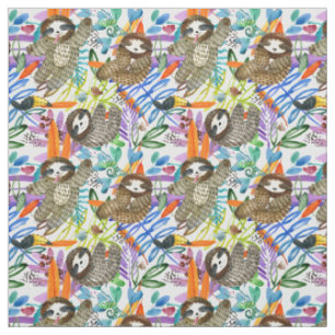 Tissu Motif de paresse d'aquarelle de bande dessinée