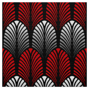 Tissu Motif de plume d'art déco, gris argenté et rouge