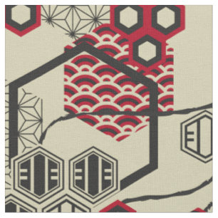 Tissu motif de style asiatique hexagone rouge et noir