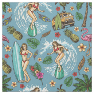 Tissu Motif de surfer de la femme rétro