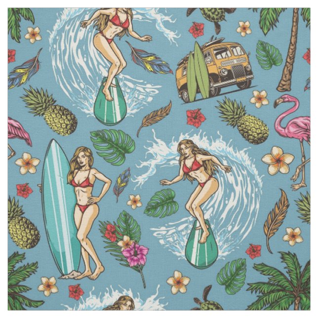 Tissu Motif de surfer de la femme rétro (Échantillon)